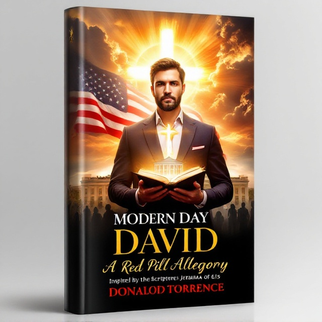 At the center, a strong, resolute man in a tailored suit embodies David. He clutches an open Bible that emits a gentle, divine glow. Behind him flutters a vibrant American flag, representing the essence of patriotism. The White House is subtly nestled below the flag, bathed in a hopeful golden light. The sky transitions from ominous storm clouds to a radiant sunrise, with sunrays forming a cross behind David. Lurking in the background are the shadowy outlines of six figures, representing The Legion of 6. At the bottom, in delicate gold cursive, “Inspired by the Scripture Jeremiah 3315” adds a touch of reflective elegance.