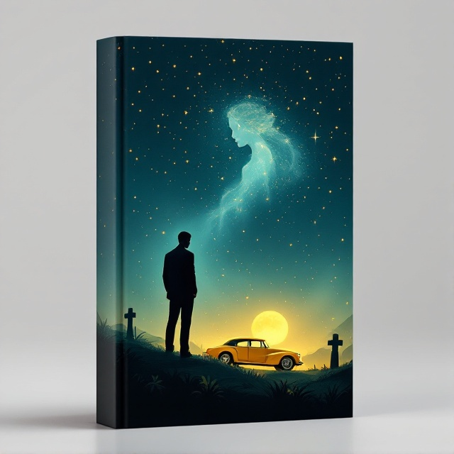 The cover features a serene night sky background, peppered with twinkling stars. In the foreground, a ghostly representation of Jay Gatsby stands yearningly, his eyes reflecting a mix of hope and despair. The yellow car, partially illuminated by the moonlight, is depicted driving recklessly over a soft silhouette of a grave, symbolizing Gatsby's unrequited love and eventual fate. The ethereal silhouette of Daisy is faintly visible, floating above the scene, embodying the elusive object of Gatsby's affection.