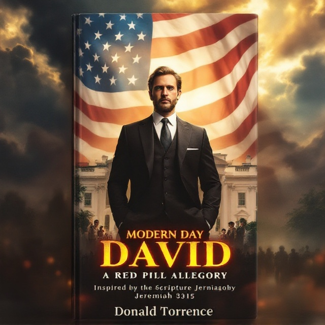 A central, authoritative figure of David in a tailored suit stands prominently against the backdrop of the White House, draped in a soft light gradient from shadow to gold. The American Flag waves expansively with vibrant colors, enveloping the scene, while dark storm clouds on one side of the sky break into radiant sunlight beams. Below David, faint images of families, workers, and soldiers convey unity. The words “Inspired by the Scripture Jeremiah 3315” appear in a glow at the bottom.