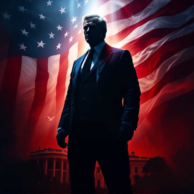 An intense and powerful image featuring the American Flag in the background, covering the full spread of the cover. In the foreground, we see a prominent silhouette of a politician standing confidently, with the White House subtly blended into the mid-background. The shadows and highlights on the politician portray a sense of duality, symbolizing both struggle and corruption, while a ray of light shines down, symbolizing hope and peace. Within the composition, small symbolic elements such as a heart and a dove can be subtly integrated to represent love and peace. The dominant colors are red and blue, with gradient overlays to depict an allegorical atmosphere.