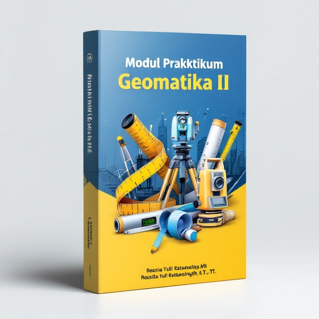 The cover features a dynamic central collage of geomatics instruments, with a realistic theodolite slightly angled to the left, a total station to the right, and a partially unrolled roll meter weaving through them. The background combines gradients of blue and yellow, representing technology and innovation.