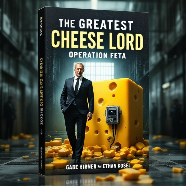 The cover features a dramatic scene inside a high-security prison. The central figure is a man in his mid to late fifties, dressed sharply in a tailored suit. He exudes determination and action as he stands confidently beside an enormous block of cheese adorned with advanced security gadgets. The background subtly shows prison bars and guards at a distance, adding tension and intrigue.