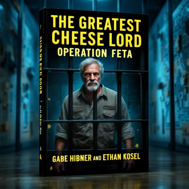 On the cover, a rugged and determined-looking man in his mid to late fifties is seen standing defiantly inside a highly secured prison cell. The cell bars glow with a faint blue light, adding a sense of high security. Shadows play across his face, highlighting his intense gaze. In the background, an intricate map of a cheese factory is faintly visible, subtly embedded into the walls. The title, "The Greatest Cheese Lord Operation Feta," is emblazoned across the top, with an oversized wedge of cheese creatively incorporated into the lettering.