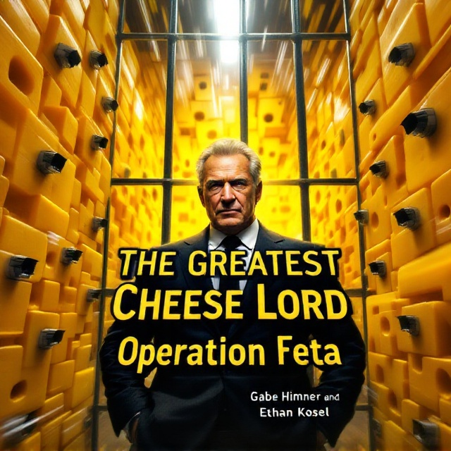 The cover features a dynamic, high-contrast image of a man in his mid to late fifties with a determined expression, wearing a sharp, tailored suit. He is positioned in the foreground, inside a stylized prison cell made of cheese blocks. The bars of the cell are formed by long strips of cheese, with camera lenses embedded into the cheese blocks as surveillance elements. The background is a vivid, action-packed blur suggesting motion, with streaks of light and cheese-related motifs.