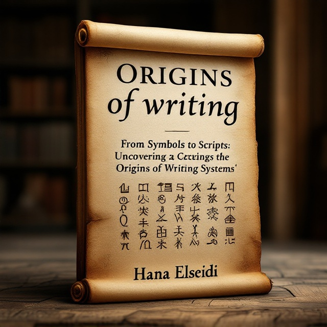 A central focus on an ancient scroll partially unrolled with enigmatic symbols etched across it. The scroll is placed diagonally, emerging from the bottom left to the top right. In the background, a faint silhouette of an old library shelf can be seen, adding depth and mystery. The color palette features rich browns and subtle beige tones, giving an antiqued and timeless appearance.