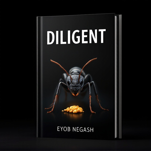 A large, realistic image of a black ant seen up close and in detail is placed at the center of the cover against a solid black background. The ant is portrayed as carrying a small, golden grain on its back, representing diligence and effort. A subtle light gradient is employed around the ant to create a slight halo effect, emphasizing its importance.