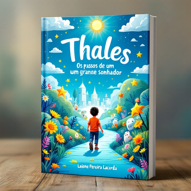 The cover features an imaginative and playful scene of a young boy, Thales, walking along a vivid, blue path that winds through a landscape filled with cartoonish, whimsical elements like floating stars, colorful flowers, and friendly animals. At the top are bright, fluffy clouds with the sun peeking through, symbolizing hope and dreams. The artwork is designed in a lively illustration style to appeal to children.