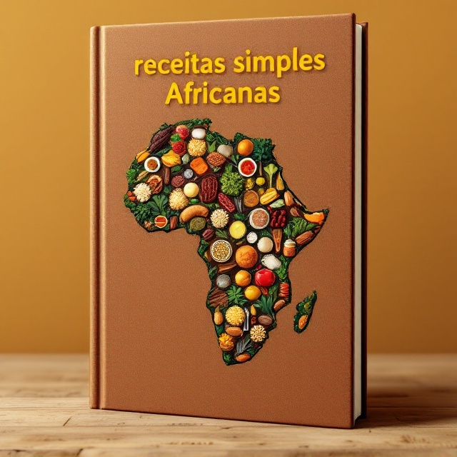 standing book mockup, Its title is "receitas simples africanas".  An artistic illustration of the African continent forms the central piece of the cover, filled with vibrant depictions of traditional African foods placed over the map in vivid detail. The continent is outlined in bold, earthy strokes to highlight its shape, with the brown background providing warmth and rustic charm. Small illustrations of specific dishes like jollof rice, injera, and boerewors punctuate the design, evoking a sense of happiness, health, and hunger. A warm, earthy sans-serif font titled "Ubuntu" adds an approachable and modern feel, in a slightly curved arrangement above the African map to emphasize friendliness and cultural richness. The typography is colored in a deep mustard to contrast and stand out from the brown background., The title sits prominently above the continent illustration, centrally aligned. The food illustrations are scattered organically over the map, drawing a connection between the foods and their regions. Ample space around the elements creates a harmonious balance on the cover. The area where the author's name typically appears should be left completely blank, with no text or placeholder.