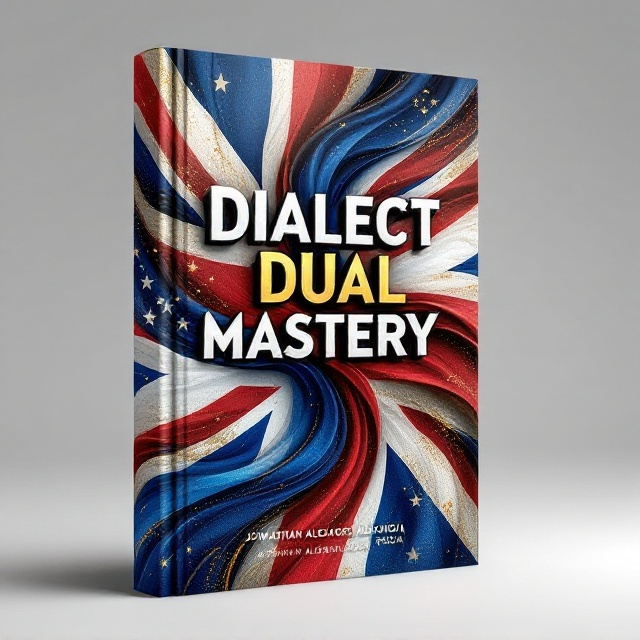 The cover features a dynamic fusion of the UK and USA flags, with a bold, intermingling wave pattern that creates an impression of movement and energy. The flags' colors of blue, white, and red dominate the background, with subtle hints of gold streaking through for a touch of elegance. The title "Dialect Dual Mastery" is prominently displayed across the center, engaging the reader with an intriguing blend of symmetry and asymmetry.