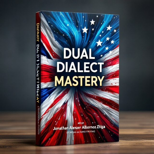 A vibrant cover featuring the British flag on the left side and the USA flag on the right side, positioned diagonally, creating a sense of motion and union. In the middle, a dynamic swirl of blue, white, red, and gold colors intertwines the flags, suggesting the blending of dialects. The book title, "Dual Dialect Mastery", is prominently displayed at the center, surrounded by the swirling colors. Below it, in a smaller font, is the author's name, Jonathan Alexander Albornoz Zúñiga, strategically placed to balance the composition.