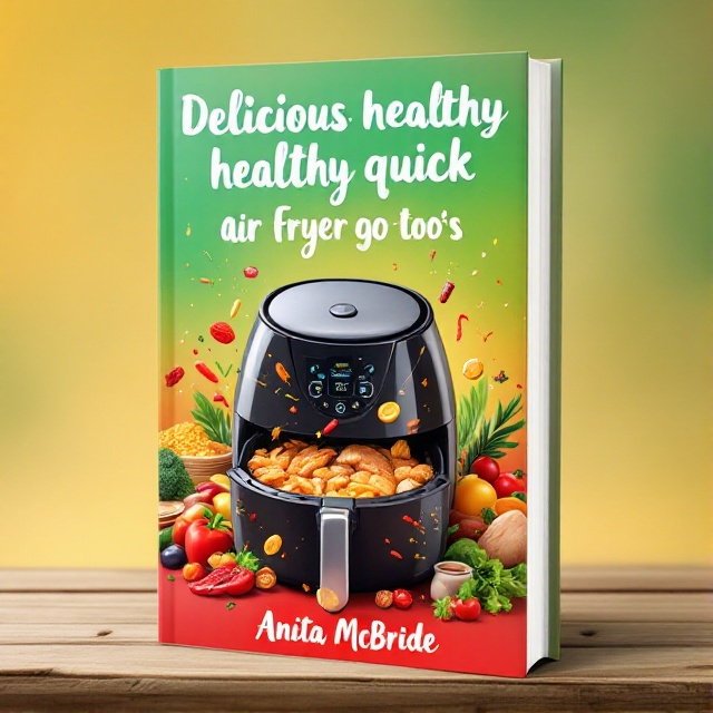 A colorful and vibrant illustration of an air fryer with various healthy ingredients like vegetables, chicken, and spices playfully floating around it. Bright splashes of color to evoke a sense of fun and excitement. The background is a soft gradient of greens and oranges to underline freshness and vitality.