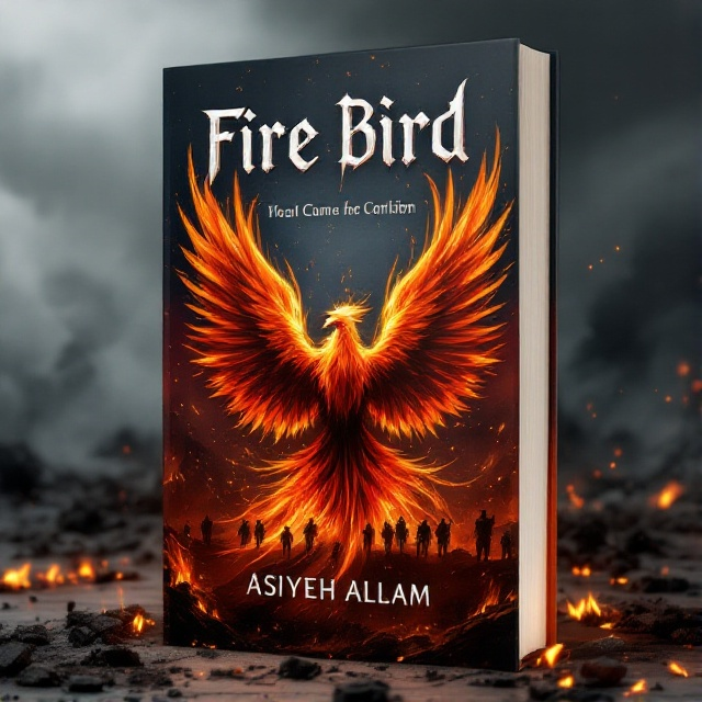 A fierce, orange-red phoenix dominates the center of the cover, its wings spread wide, with embers floating around it. The background features a haunting, smoke-laden battlefield, with dark silhouettes of weary soldiers and burning remnants of war. The sky is an ominous gray, casting a dramatic contrast against the fiery bird.