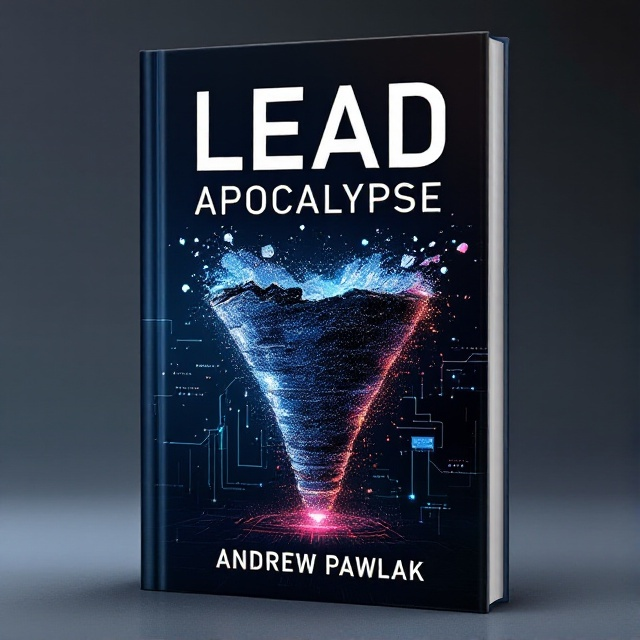 A partially shattered sales funnel takes center stage, with the top intact and fragments turning into digital pixels. The background features a subtle circuit board pattern and data flow visualizations. Tones shift from deep navy at the base to lighter hues at the top.