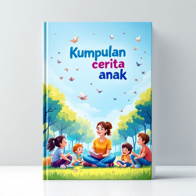 A vibrant and whimsical illustration shows a teacher seated on a grass patch in a lively park setting. Around the teacher sit excited and cheerful students, fully engaged in the storytelling session. Above them, a clear blue sky features flocks of small birds playfully soaring through the air, capturing a sense of adventure and freedom.