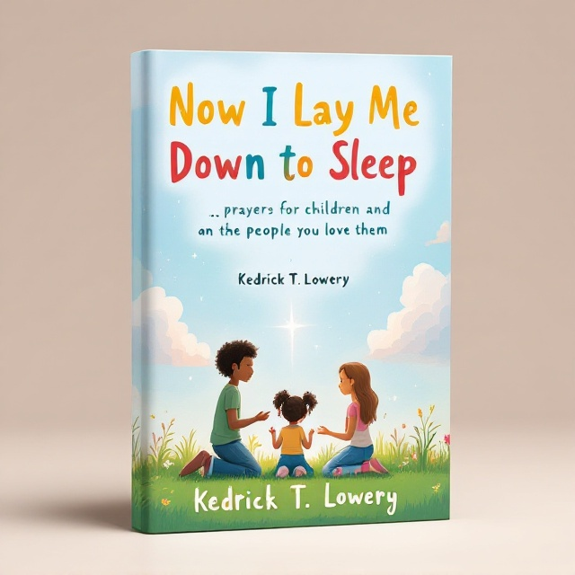 The cover features a serene illustration of three children from different ethnic backgrounds kneeling in prayer together on a lush green meadow under a clear, blue sky. Beside them, gentle figures of adults - perhaps a parent or grandparent - are kneeling with hands gently laid on the children's shoulders. The background is filled with soft, pastel-colored clouds and faint light beams shining down, symbolizing peace and hope.