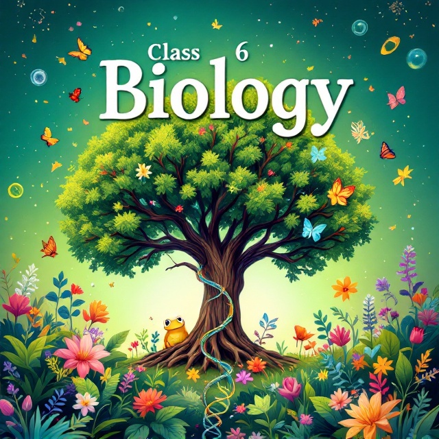 The cover features a vibrant central tree with extensive branches, symbolizing life and growth, prominently in the middle. Surrounding the tree are a colorful butterfly flitting nearby, a curious frog perched on a leaf, a delicate flower in full bloom, and a DNA strand weaving itself gracefully around the tree trunk. In the foreground, a magnifying glass focuses sharply on a section of these elements, embodying scientific exploration. The background subtly blends shades of green and blue with hints of microscopic cells, plants, and animals whispering through the soft gradient, adding richness and depth.