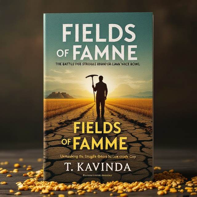 A barren, cracked rice field stretches across the foreground, showcasing earthy tones of green, brown, and golden yellow. The silhouette of a farmer with a sickle stands prominently amidst the desolate fields under a sky infused with the faint outline of a Sri Lankan map. In the far background, a shadowy image of piled rice sacks. Broken grains of rice are scattered at the bottom, while in the corner, a subdued rising sun offers a glimmer of hope.