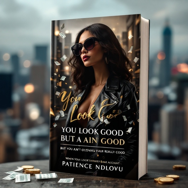 A chic, confident individual stands at the forefront wearing high-fashion sunglasses and a sleek leather jacket, exuding poise and self-assurance. The background showcases a dynamic cityscape, juxtaposed with subtle elements of financial unrest, like an ajar wallet and cascading receipts. The color palette commands attention with elegant black, gleaming gold accents for sophistication, and energetic red highlights.