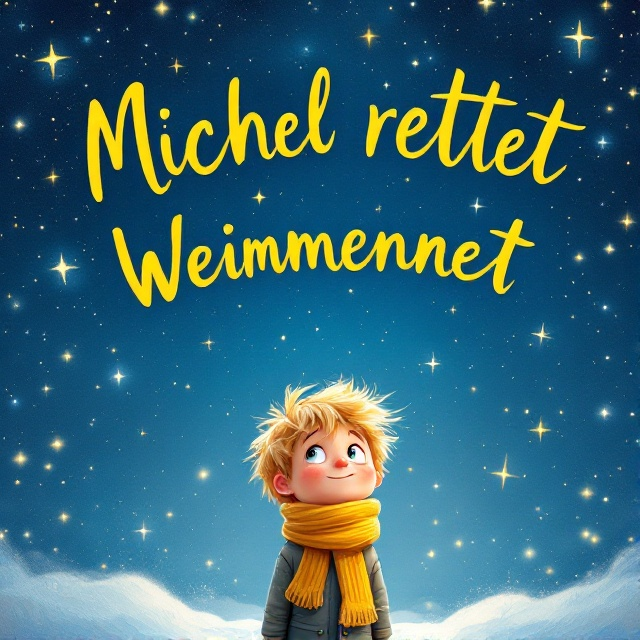 A charming illustration of a blonde boy wearing a cozy yellow scarf stands in the foreground, looking up at a starry sky. The background is a deep, azure night filled with twinkling stars, casting a magical glow. The boy's expression is one of excitement and wonder, capturing the spirit of a winter adventure.