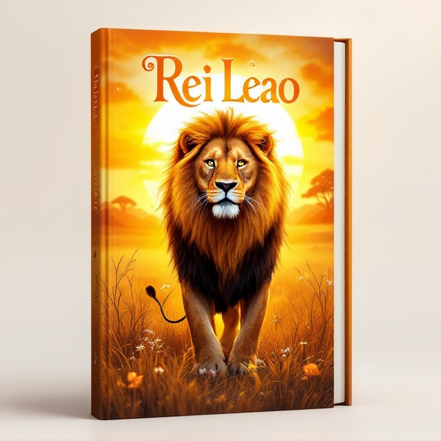 A majestic lion standing on a sunlit, golden savanna, with a backdrop of a vibrant sunset blending shades of orange and yellow. The lion’s mane flows elegantly in the breeze, and small mythical creatures can be faintly seen in the grass, adding a touch of fantasy and wonder.