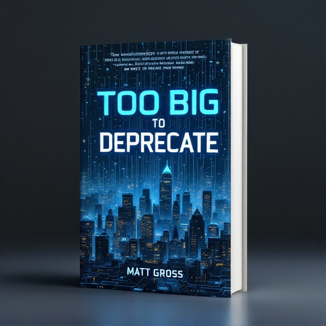 The cover features a cityscape overwhelmed by an enormous, intricate network of circuit lines and data streams, blending into the skyline. The colors are a dark mix of blues and greys, giving a cold, digital feel, with hints of neon to create a dystopian atmosphere. Shadows and light are used to create depth, implying the towering presence of technology over humanity.