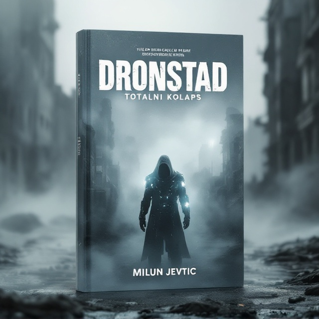 The cover features a solitary cybernetic apocalyptic soldier cloaked in heavy fog, standing on a desolate, ruined city street. The soldier is adorned with futuristic armor and glowing elements that pierce through the mist. Surrounding him is the eerie silhouette of crumbled buildings, creating a somber and fear-laden atmosphere. This monochromatic scene is bathed predominantly in shades of white and grey, enhancing the sense of desolation and lonesomeness.