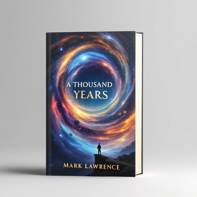 A vast galaxy spirals across the cover, its colorful stars and planets creating a mesmerizing whirl. In the foreground, at the bottom, a silhouette of a man stands on a cliff, gazing up at the cosmic spectacle, suggesting the grandeur and mystery of time.