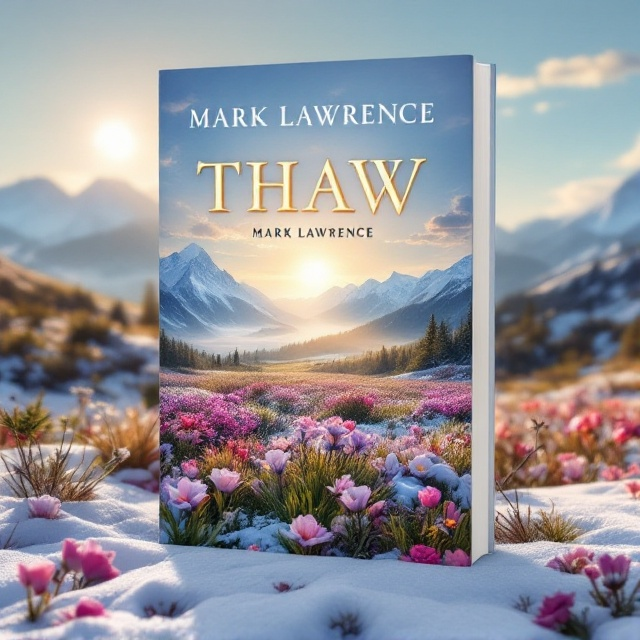 A serene, mystical landscape that shows the gradual transition from winter to spring. In the foreground, a vibrant field of blooming flowers peeks through melting snow. In the background, majestic mountains retain some snow caps under a golden, setting sun that casts a warm glow over the scene. Soft wisps of clouds and a clear, azure sky complete the setting.