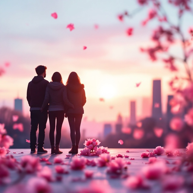 A silhouette of three teenagers standing close together on the top left against a soft, pastel-colored urban skyline at sunset. To the right, a faint image of a positive pregnancy test appears subtly blurred in the background, representing the underlying theme. Romantic cherry blossom petals scatter across the bottom and drift through the middle, adding a touch of symbolism and emotional depth.