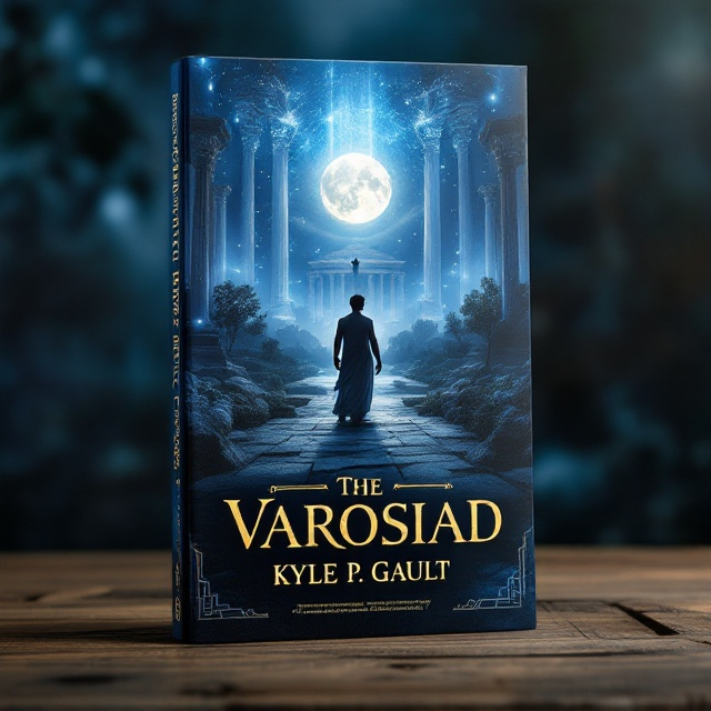 The cover features a dramatic depiction of an ancient Greek landscape under a moonlit sky. At the center, a striking silhouette of a Greek man stands confidently, surrounded by a mystical aura that suggests his supernatural abilities. In the background, ethereal pillars of light representing the pillars of knowledge stretch towards the moon, with the silhouette of Apollo subtly visible within. The landscape is evocative of ancient Greece, with olive trees and classical architectural elements framing the scene. The color palette is a rich blend of midnight blues, silvers, and golds, accentuating the moonlit theme.