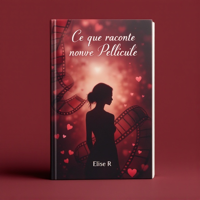 A burgundy background sets a warm and inviting tone, creating a romantic atmosphere. In the foreground, an elegantly blurred filmstrip diagonally cascades across the cover. At the center, a cinematic silhouette of a woman viewed from behind, possibly intertwined with film rolls, suggests a narrative beyond the frame. Soft overlays of hearts add a touch of love and cozy sentiment.