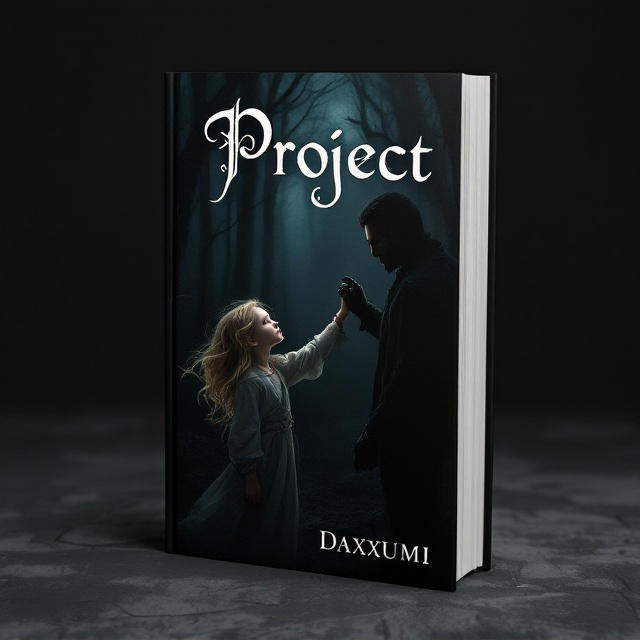 The cover features a dimly lit scene where a little girl with swirling blonde hair, depicted in ethereal, soft strokes, is reaching up to hold a man's gloved hand. The man is mostly shadowed, emphasizing mystery, standing at the edge of a dark forest with ominous, towering trees. The background is a gradient of deep black to charcoal, suggesting a transition into darkness.