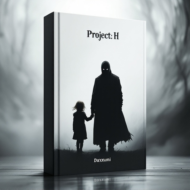 A stark, high-contrast cover featuring a shadowy silhouette of a man in black wearing a black mask. He is holding hands with a small, visibly anxious blond-haired girl. They are standing at the threshold between light and an ominous swirling darkness. The background is predominantly white, with the black silhouette dominating the foreground, creating a sense of foreboding and tension.