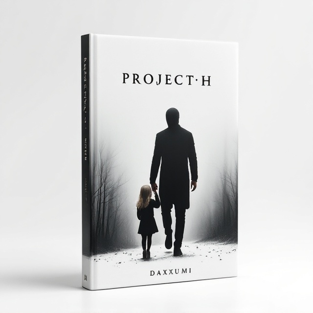 A stark white background accentuates the ominous scene. A tall man in all black, wearing a featureless black mask, holds the hand of a small blond-haired girl. The figures are silhouetted, walking towards a shadowed landscape that suggests a dense forest or an abyss, creating an unsettling contrast. The play of light and shadow adds depth and dimension, heightening the tension and mystery.