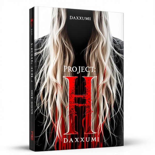 Long, flowing strands of blond hair are centered on the cover. Blood oozes out and drips slowly, creating a striking contrast with the pure blond. The background is stark white, enhancing the vividness of the red blood, while a shadowy, indistinct figure looms at the top, barely perceptible but adding an element of foreboding.