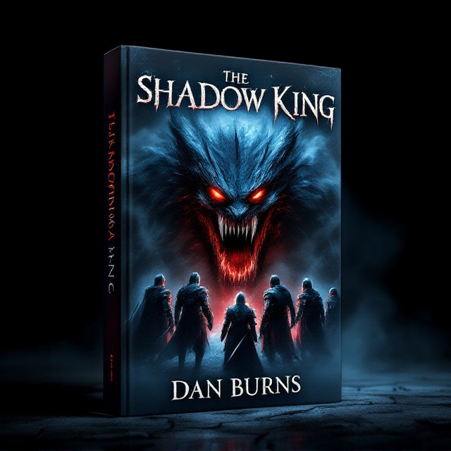 The cover features a menacing, smoke-like beast emerging from the darkness with glowing red eyes and a wide-open mouth filled with sharp, bloody teeth. Surrounding the beast are four valiant knights in battle stances, their armor glinting under a shadowy moonlight. Eerie smoke swirls around them, creating a sense of motion and chaos on the cover.