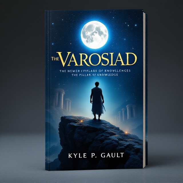 The cover features a dramatic illustration of an ancient Greek man standing on a rocky cliff under a luminous full moon, which is glistening in the night sky. His eyes reflect the ethereal glow, symbolizing his newfound power. Behind him, faint silhouettes of grand marble pillars appear, signifying the pillars of knowledge. The background has a deep blue hue with subtle constellations, echoing the mystery and celestial themes.