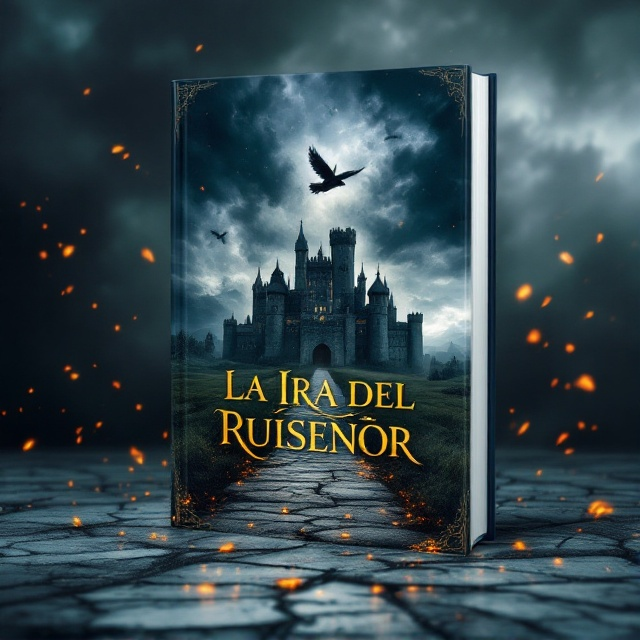 A dark, turbulent sky with a single majestic nightingale (ruiseñor) in flight, its wings spread out wide against a backdrop of a grand, ancient castle partially shrouded in shadows. In the foreground, there's a path made of cracked marble leading towards the castle, symbolizing a journey fraught with danger and history. Fiery embers are floating in the air around, hinting at past destruction and highlighting the tension.