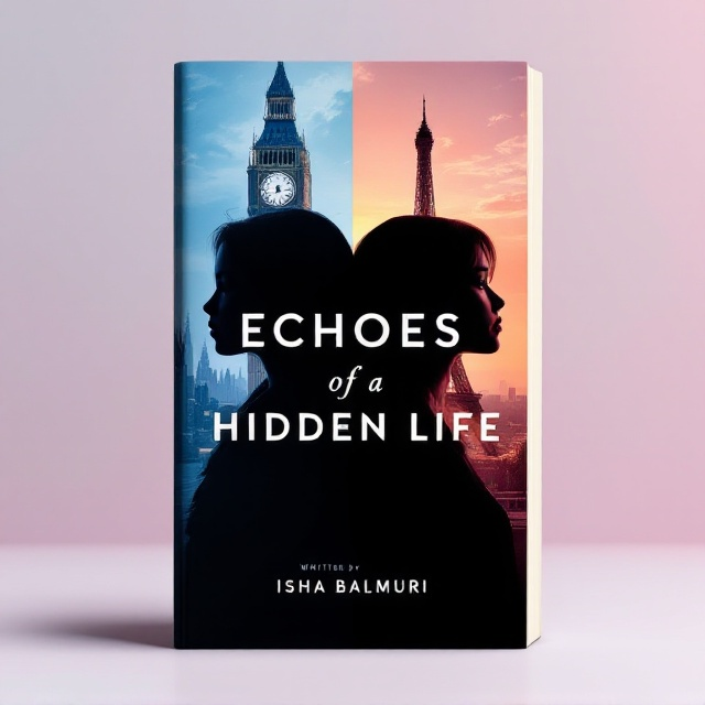 The cover is divided into two symmetrical halves. On the left side, the silhouette of a girl faces away from the viewer, with Big Ben towering behind her, casting deep shadows. The right side mirrors this setup with another girl's silhouette, also facing back to back, with the Eiffel Tower looming in the background, contrasting with a sunrise, creating a warm glow. The background is a soft blend of pastel colors, emphasizing a cheerful tone.