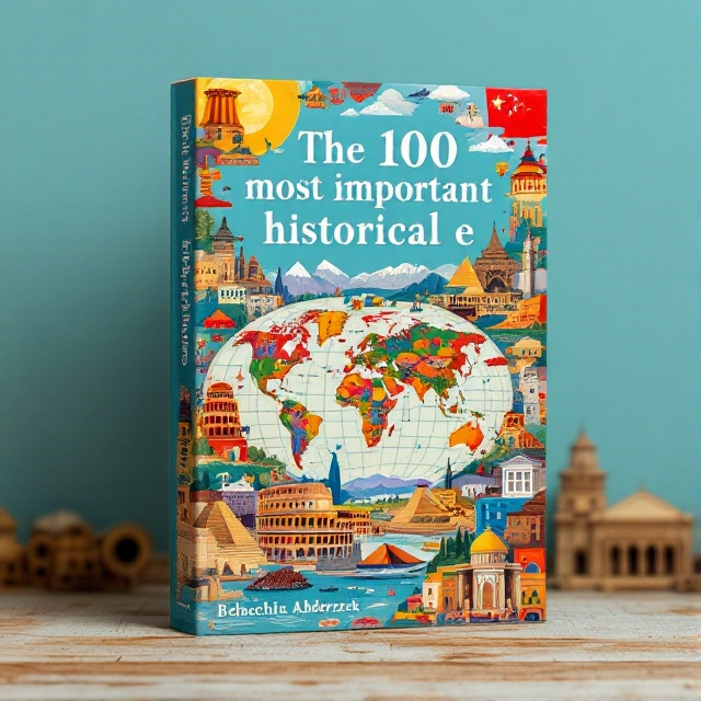 Illustrated collage of significant historical landmarks across the globe, each rendered in vivid, eye-catching colors. The central image is a world map acting as a backdrop, symbolizing the global scope of historical events. The collage includes iconic structures like the pyramids, the Colosseum, and the Great Wall of China.