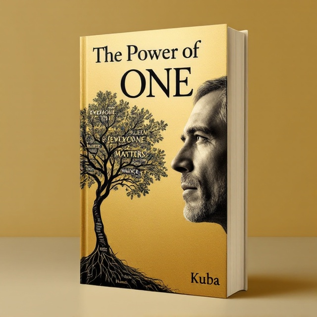 The book cover features the right half of a man's face with a serious, reflective expression, set against a gold background. On the left, a tree grows organically out of the edge of his face, its branches and roots intricately formed from words like "EveryONE Matters" and "Think Big." The words are designed to create a canopy and root system that blend into the golden backdrop.