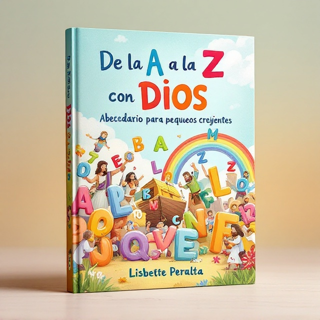 A vibrant and colorful cover illustrating a whimsical scene where biblical characters like Noah with his ark, David with his sling, and Moses with the tablets are playfully engaging with oversized letters of the alphabet. The background is a soft pastel sky creating a serene environment, with some fluffy clouds and a rainbow arching across the scene.