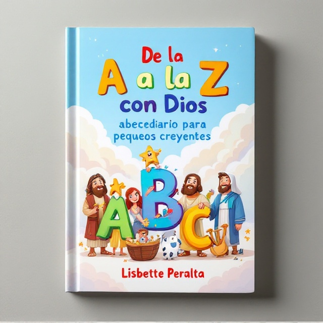 Several beloved biblical characters, such as Noah, Moses, and David, appear in playful cartoon style, exploring letters A, B, and C. Bright, cheerful colors set a joyful tone. The backdrop shows a heavenly sky with soft, fluffy clouds, with each letter having an interactive element such as Noah holding an 'A'-shaped ark and David playing with a 'B'-shaped harp.