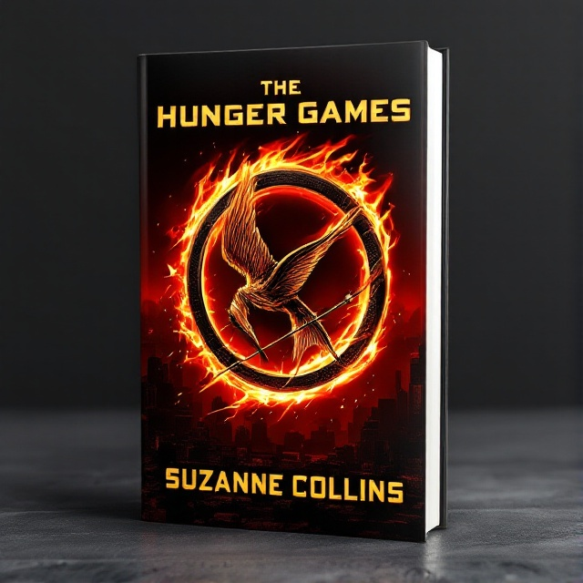 A dynamic and edgy cover featuring a stylized mockingjay pin prominently in the foreground, with flames licking around its edges. The background is a dark, dystopian cityscape with a gradient from deep red to black, creating an intense and thrilling atmosphere.