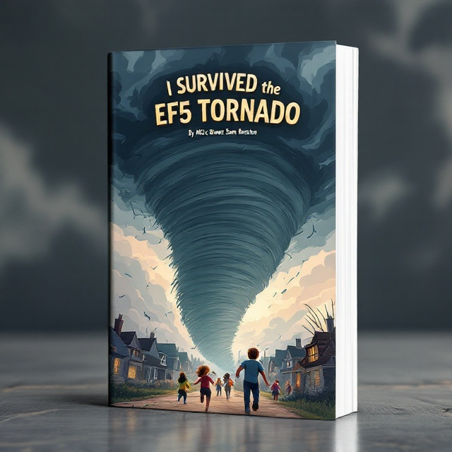 A dynamic and dramatic scene captures the viewer's attention. The sky, filled with turbulent clouds, dominates the top half of the cover, with an enormous and menacing tornado swirling down towards a row of houses that appear damaged. In the foreground, people, including children and adults, are depicted in an animated style as they frantically run away, their expressions conveying urgency and fear yet retaining a sense of hope through the use of bright colors amidst the chaos.
