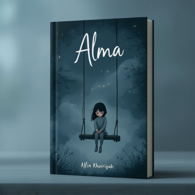 The cover features an illustration of a young girl sitting on a swing, alone, with her head down and surrounded by a gentle, cloudy atmosphere. The background is in a deep dark blue-grey hue, giving a sense of nightfall or twilight, adding to the overall emotional impact. The girl is small in proportion to emphasize her sense of loss and vulnerability. Her expression is delicate, showing sadness and longing, yet there is a glimmer of hope in her eyes.