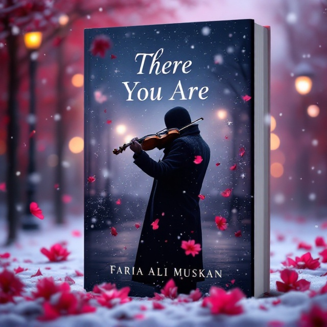 A faceless man in a dark coat stands prominently in the foreground, his head lowered as he plays a violin. Around him, delicate snowflakes drift gently through the night air, glimmering under the soft glow of streetlights. Scattered at his feet and carried by the snow are vibrant pink flowers, their colors contrasting against the muted night setting. The background is a blend of soft pinks and purples, evoking a romantic yet melancholic atmosphere.
