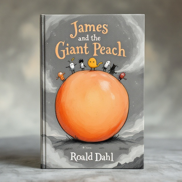 A large, vivid, and slightly surreal illustration of a giant, round peach dominates the center of the cover. Standing on top of the peach are small, quirky characters representing the story's magical creatures, depicted in a playful yet slightly eerie style. The background features a swirling grey sky, evoking both a whimsical and mysterious atmosphere, with hints of distant rolling hills, suggesting a journey.