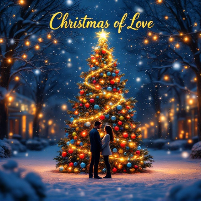 A snowy winter night scene with a backdrop of softly glowing Christmas lights draping across the tops and sides. In the foreground, a man and a woman stand facing each other, their hands intertwined under a large, ornate Christmas tree adorned with colorful ornaments and sparkling lights. The tree is centered, providing a warm glow that outlines their figures and illuminates gentle, falling snowflakes around them.