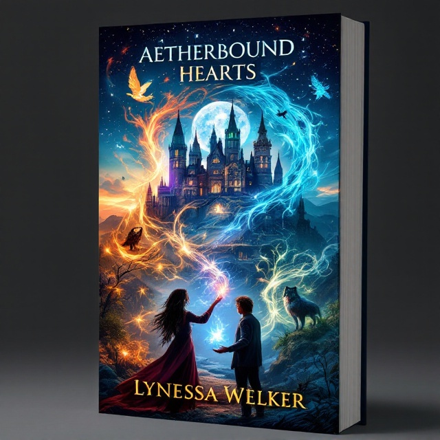 The cover portrays an expansive view of the mystical academy, nestled amidst a backdrop of enchanting midnight hues. Elemental magic is depicted as vibrant swirls of fire, air, water, and earth, spiraling around the academy's spires. In the foreground, the two main characters stand poised at the foot of the academy. The girl, with her striking long black wavy hair and bright blue eyes, is shown casting a spell with a delicate stream of magic in her hand. Beside her, the tall male character, with wavy dark brown hair and green eyes, exudes a protective stance. An owl, a wolf, a hawk, and a sea turtle are subtly incorporated as ethereal silhouettes within the magical swirls, each embodying their elemental affinity.